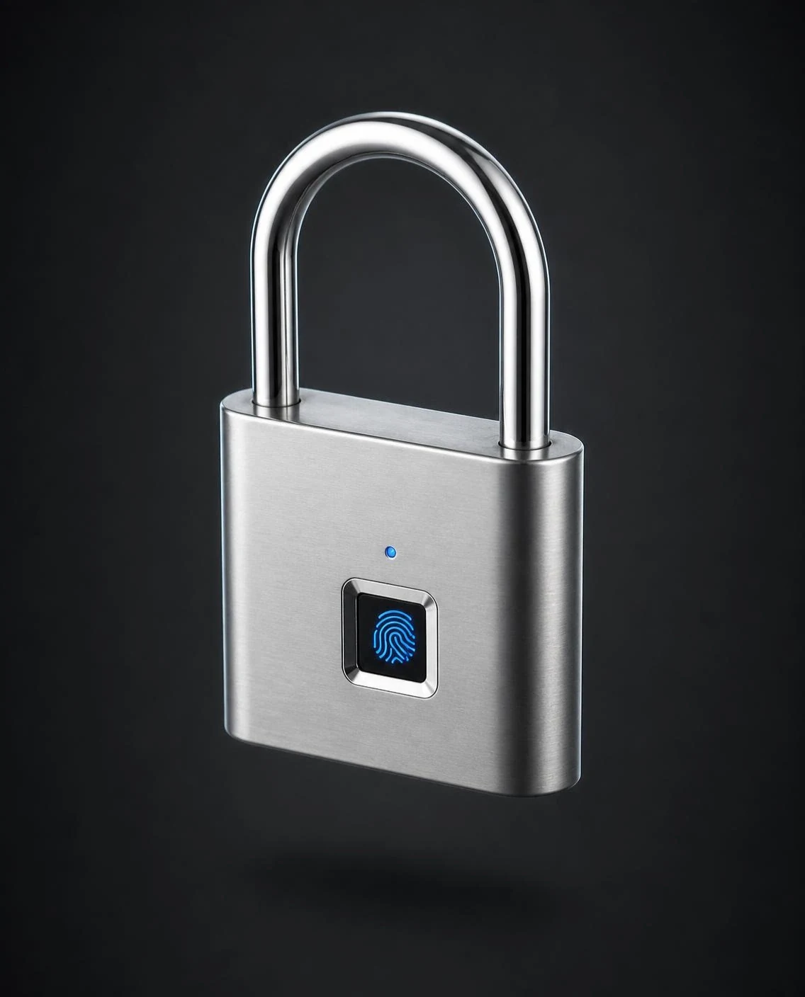 Candado de huella recargable plateado, con el sensor de huella encendido en azul